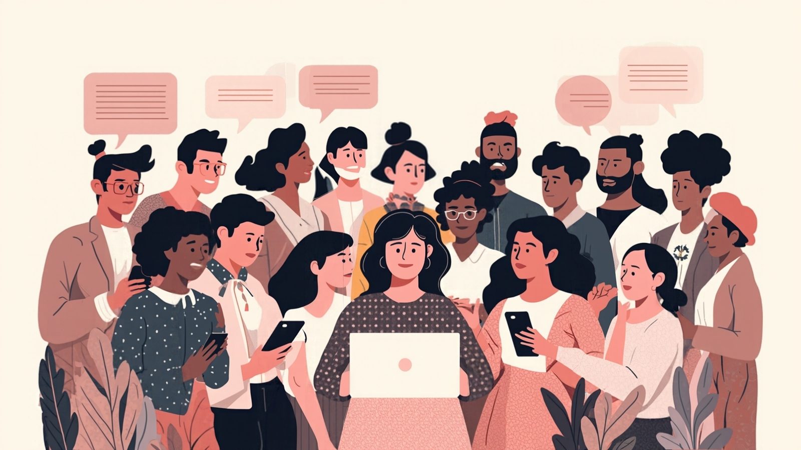Illustration of people reading the news on phones and laptops and talking together